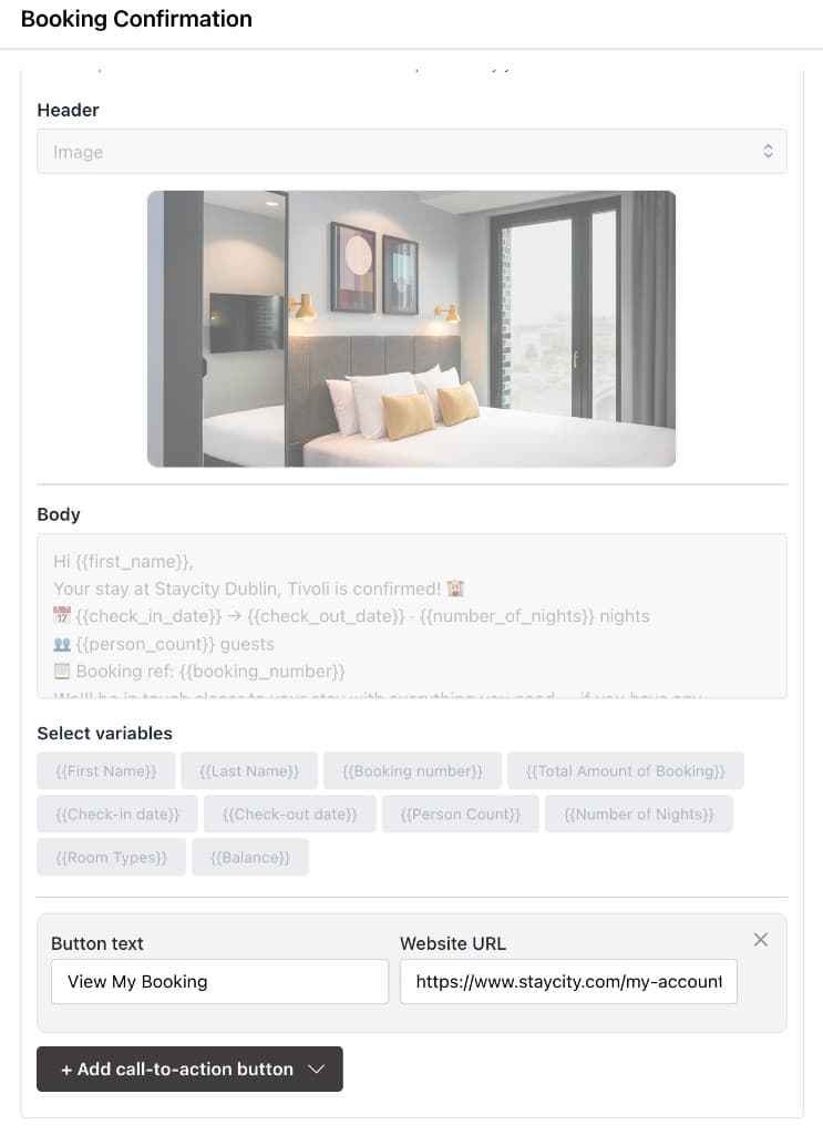 D3x template editor for a Booking Confirmation WhatsApp message with an image header, body variables for first name and stay dates, and a View My Booking call-to-action button
