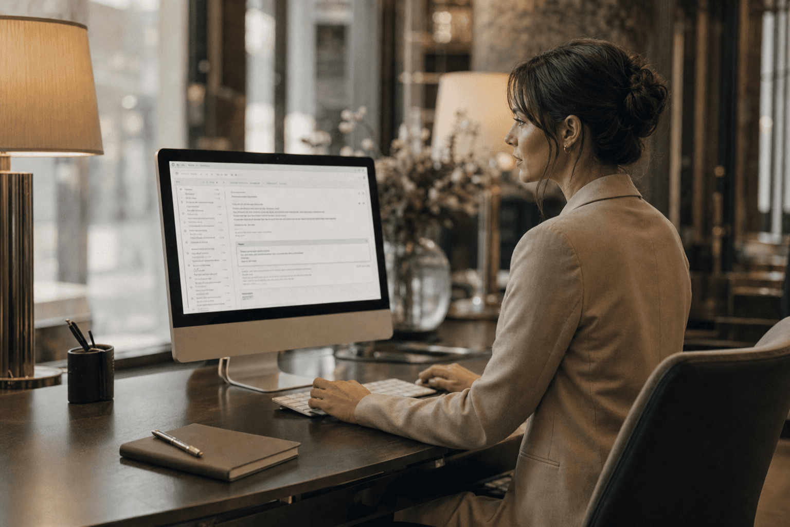 Business woman working at a computer with an email client open in a hotel workspace