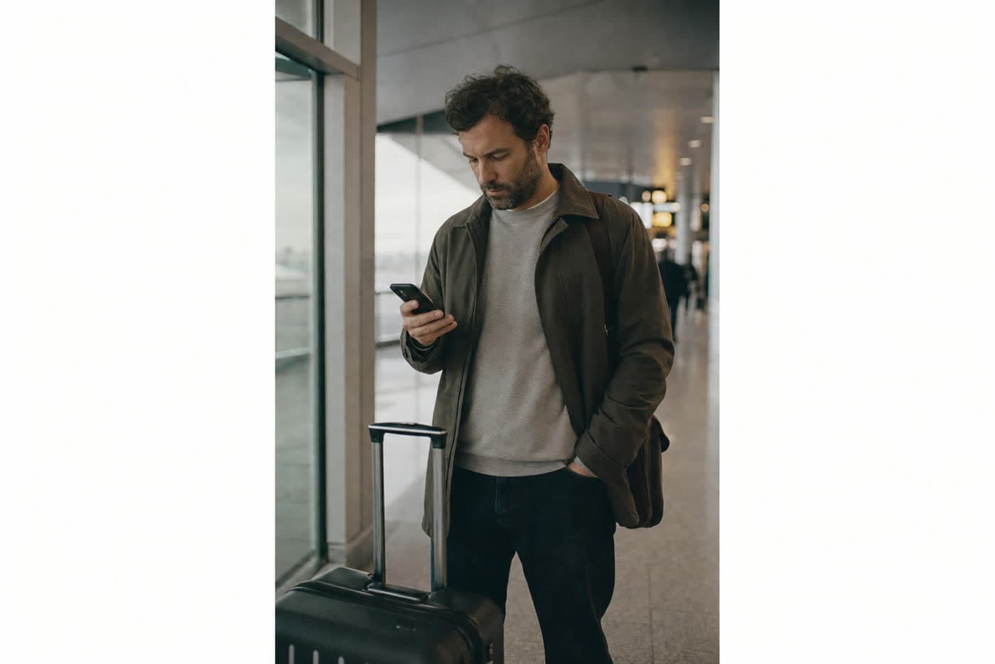 Viajero en el aeropuerto pidiendo indicaciones al hotel