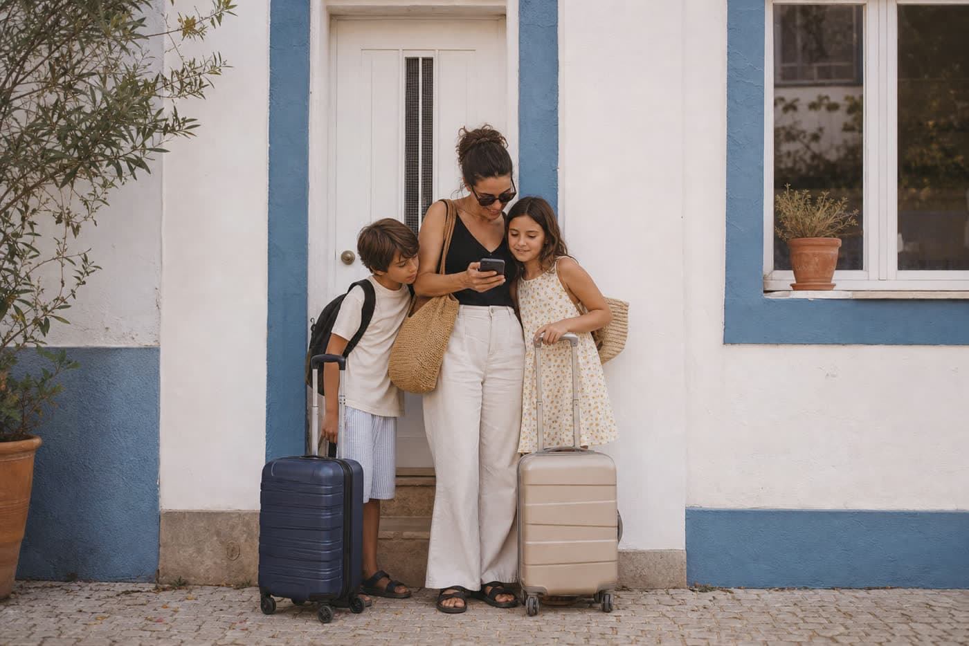 Padre o madre con dos niños frente a una puerta de Airbnb en Portugal