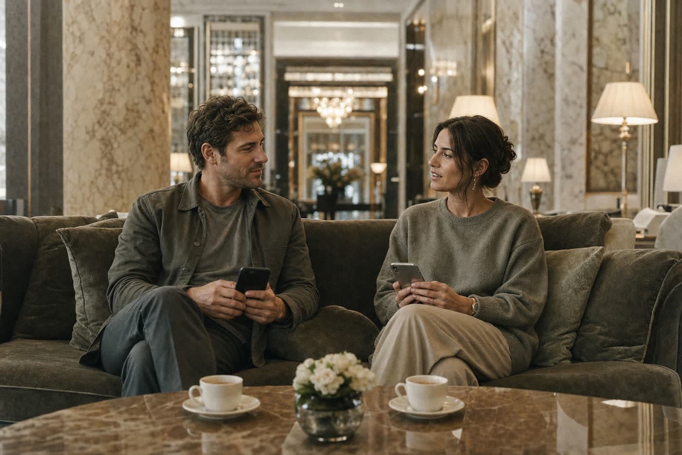 Dos huéspedes en el lobby de un hotel de lujo escribiendo con un café