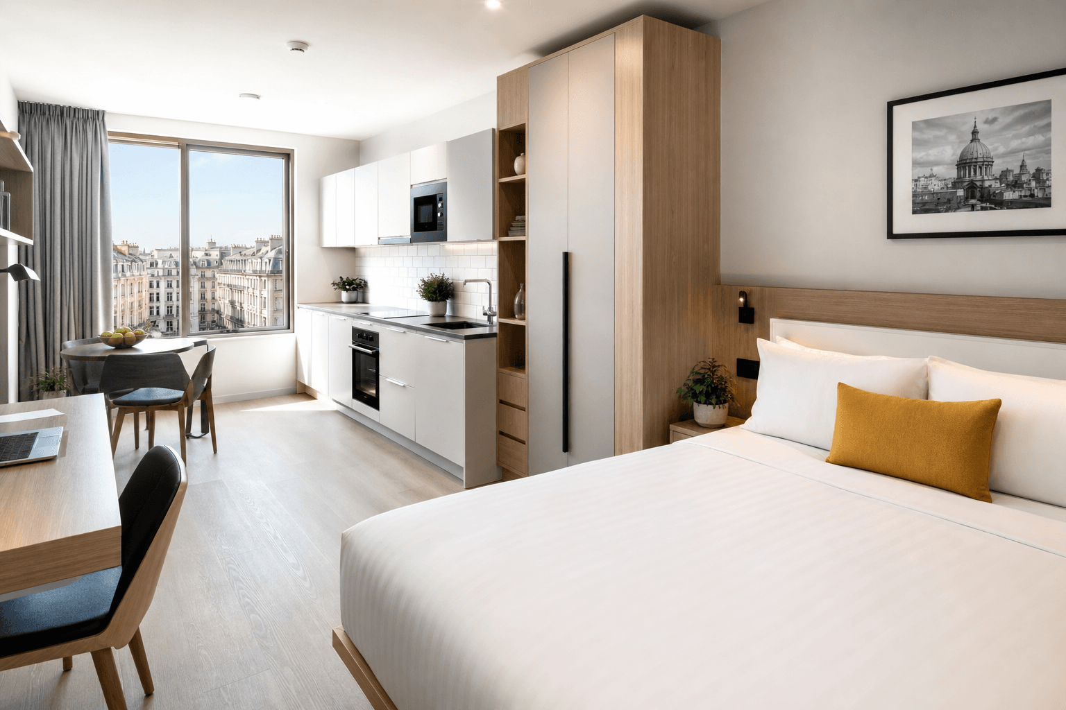Bright, smart city studio apartment with fitted kitchen, illustrative brand rendering in the D3x design system