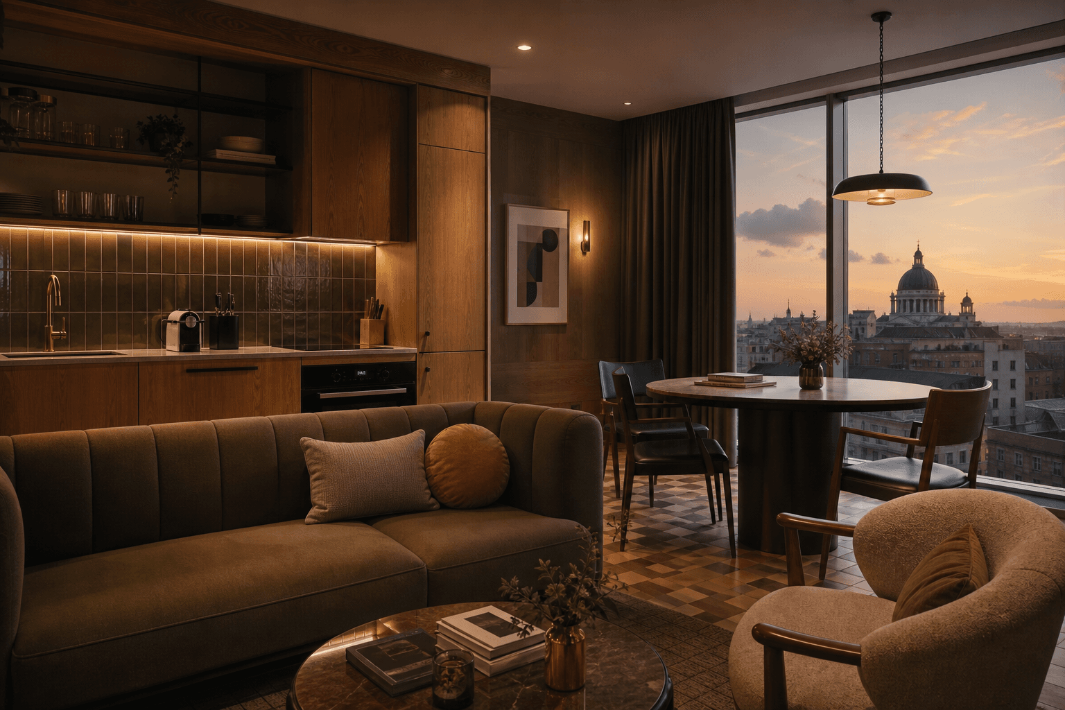 Design-led aparthotel living space with a city skyline at dusk, illustrative brand rendering in the D3x design system