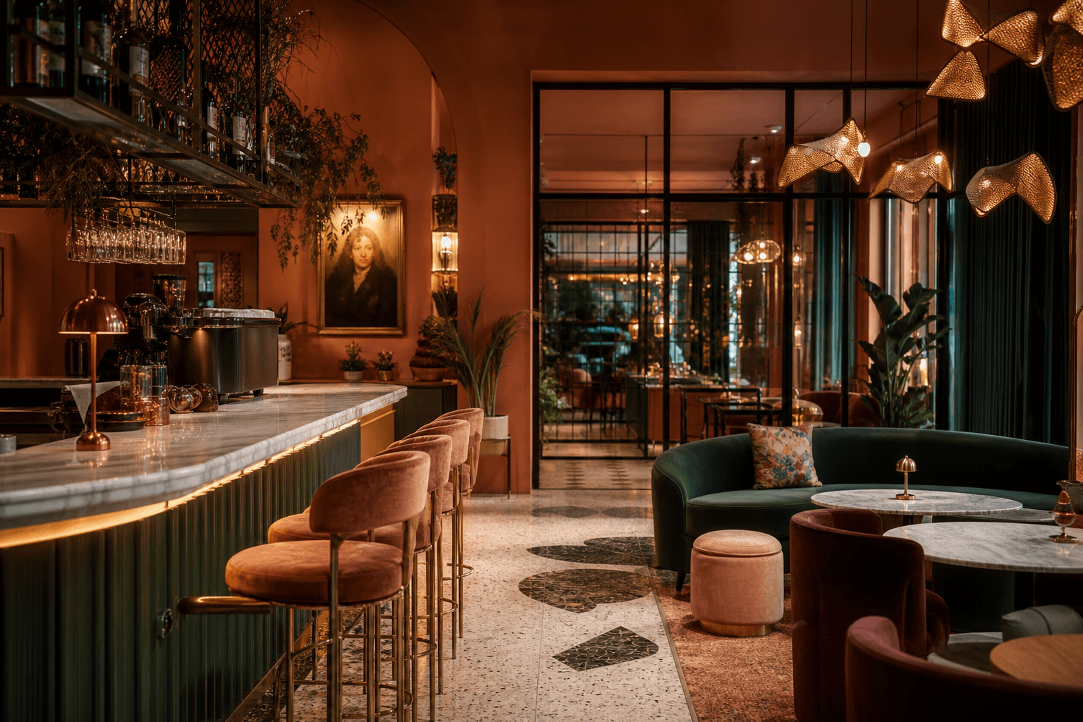 Premium design-led café-bar and lounge, illustrative brand rendering in the D3x design system