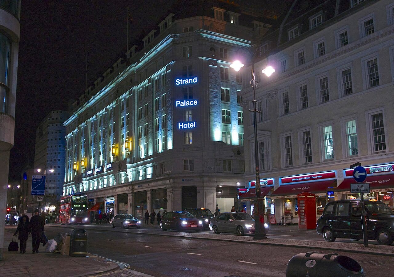Strand Palace Hotel at night on the Strand, London