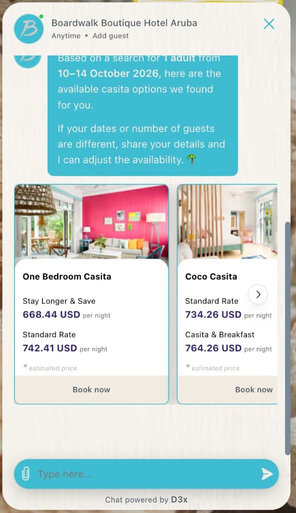 Boardwalk Boutique Hotel Aruba chat showing a D3x agent reply with a horizontal Mews room-type carousel: One Bedroom Casita and Coco Casita cards with live rates and Book now buttons
