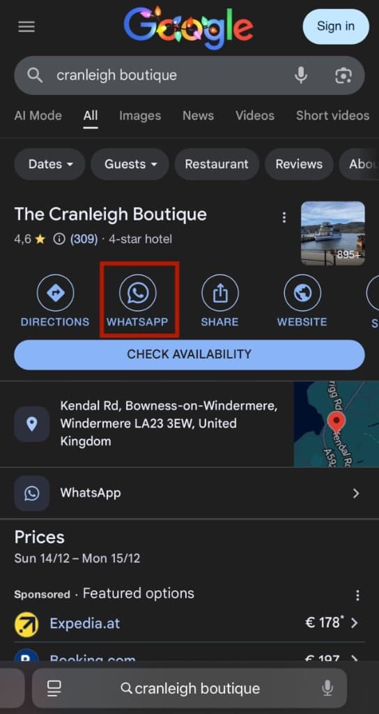 Google search result for a hotel business profile with WhatsApp as a primary action button next to Directions, Share and Website, and a second WhatsApp row under the address