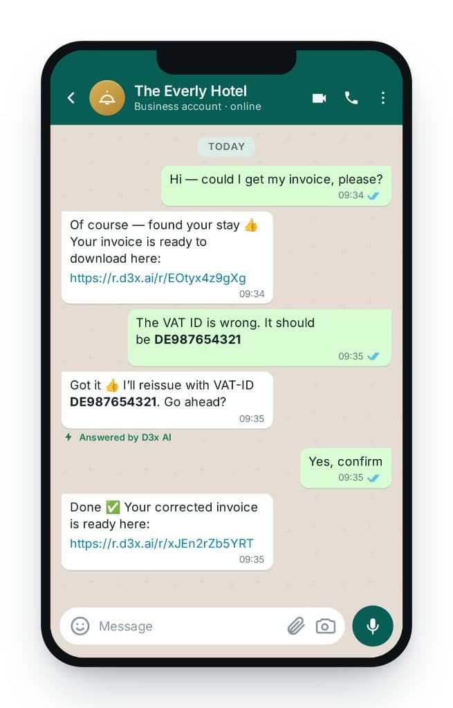 WhatsApp thread where a guest asks for an invoice, corrects the VAT ID, and the D3x agent reissues the document with a download link